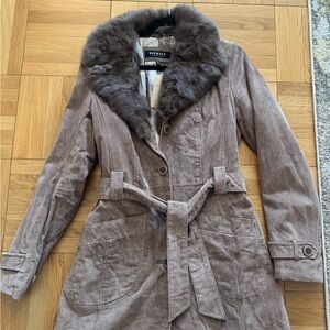 Vintage Suede Leather Coat M Taupe Brown Rabbit Fur Collar Belted Trench Jacket